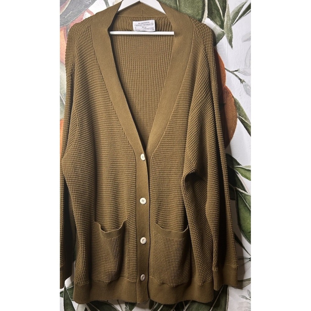 REI Co-Op Womens 2XL Olive Green Thermal Button Cardigan Sweater Waffleknit